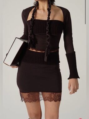 Zemeta Cozy Knit Maroon Long Sleeve Crop Top Wool Linen Lace Coquette M